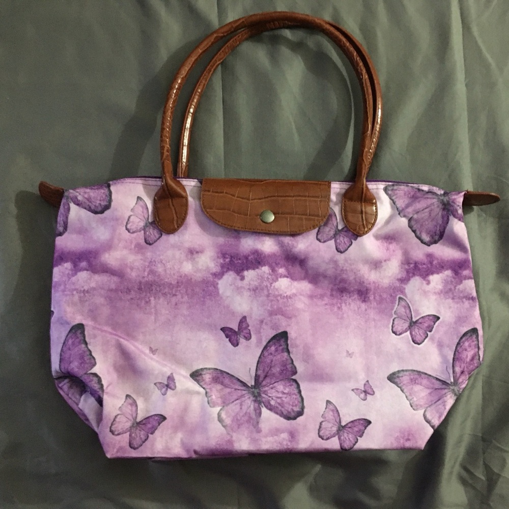 Crest Design - Purple and Brown Butterfly Print Tote Bag with matching wallet
